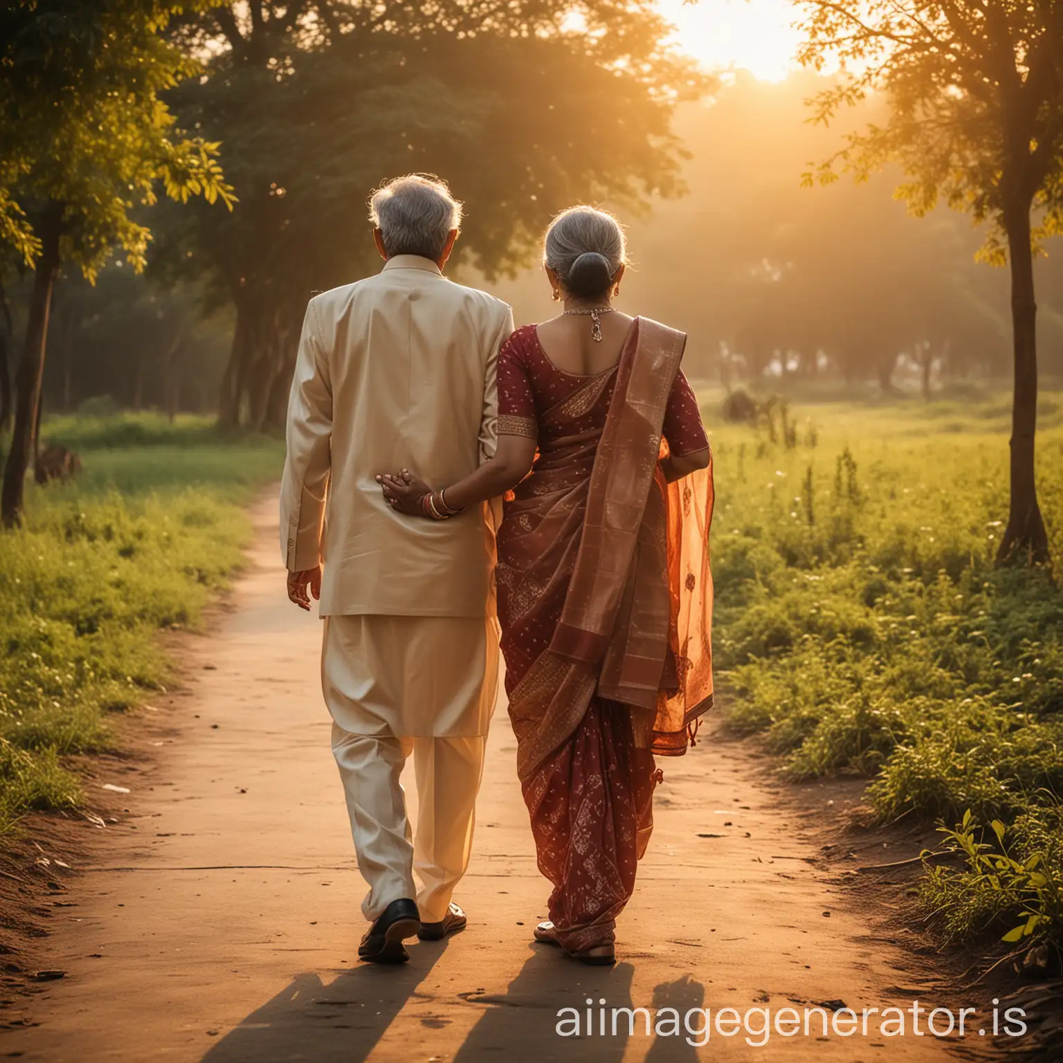 Old indian rich couple walking in the evening sun set time together from backside image