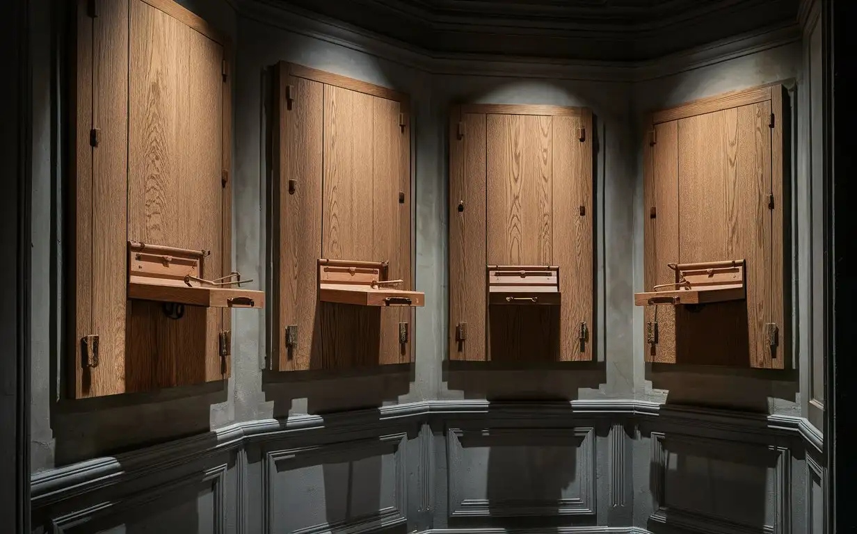 Four three-foot-square oak panels are mounted on the wall along the east side of this short hall. Each panel has a hinged hatch attached to a wooden handle.