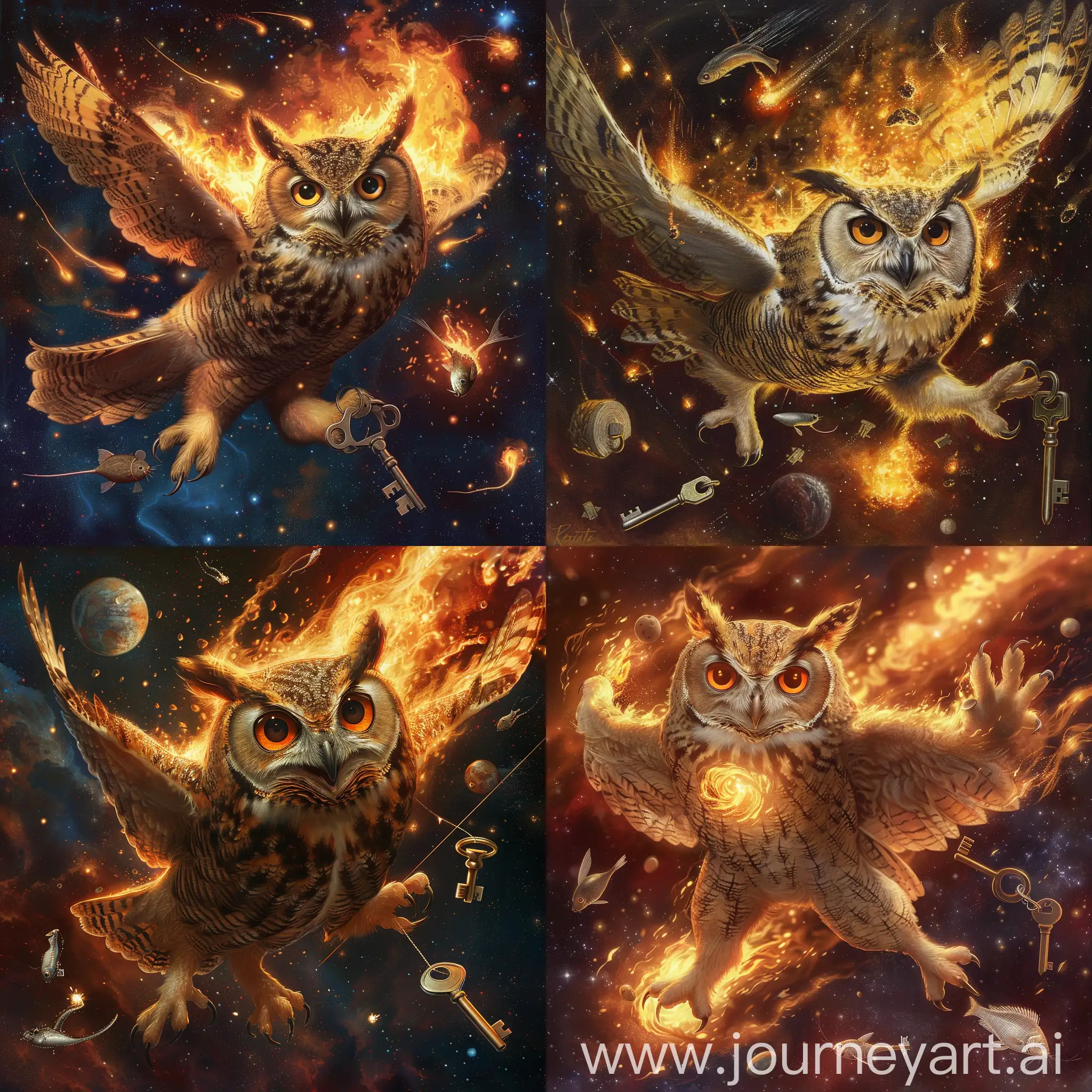 Majestic-Owl-Soaring-Through-Fiery-Cosmos-with-Prey-and-Key