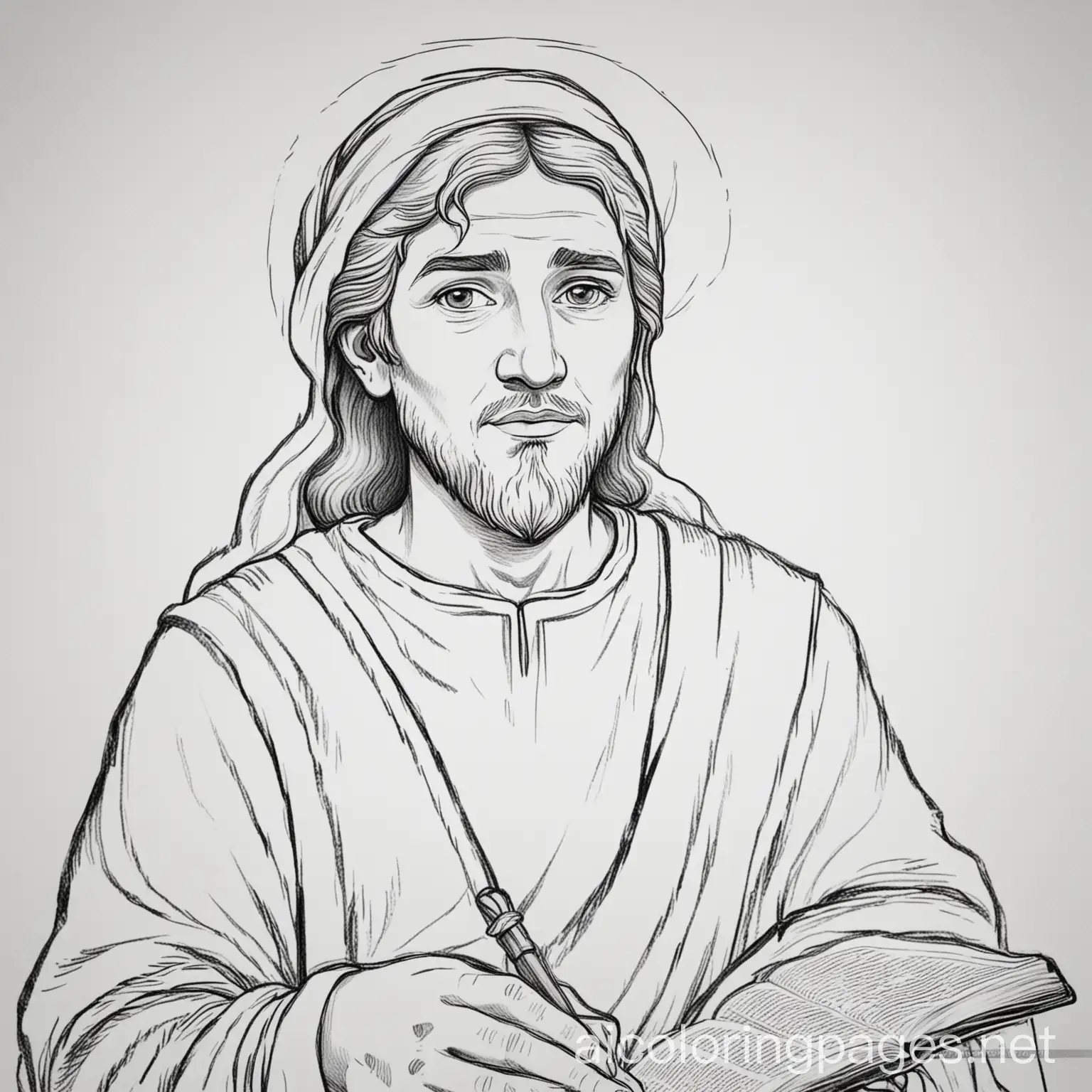 James the disciple of the bible black and white coloring page no background, Coloring Page, black and white, line art, white background, Simplicity, Ample White Space. The background of the coloring page is plain white to make it easy for young children to color within the lines. The outlines of all the subjects are easy to distinguish, making it simple for kids to color without too much difficulty