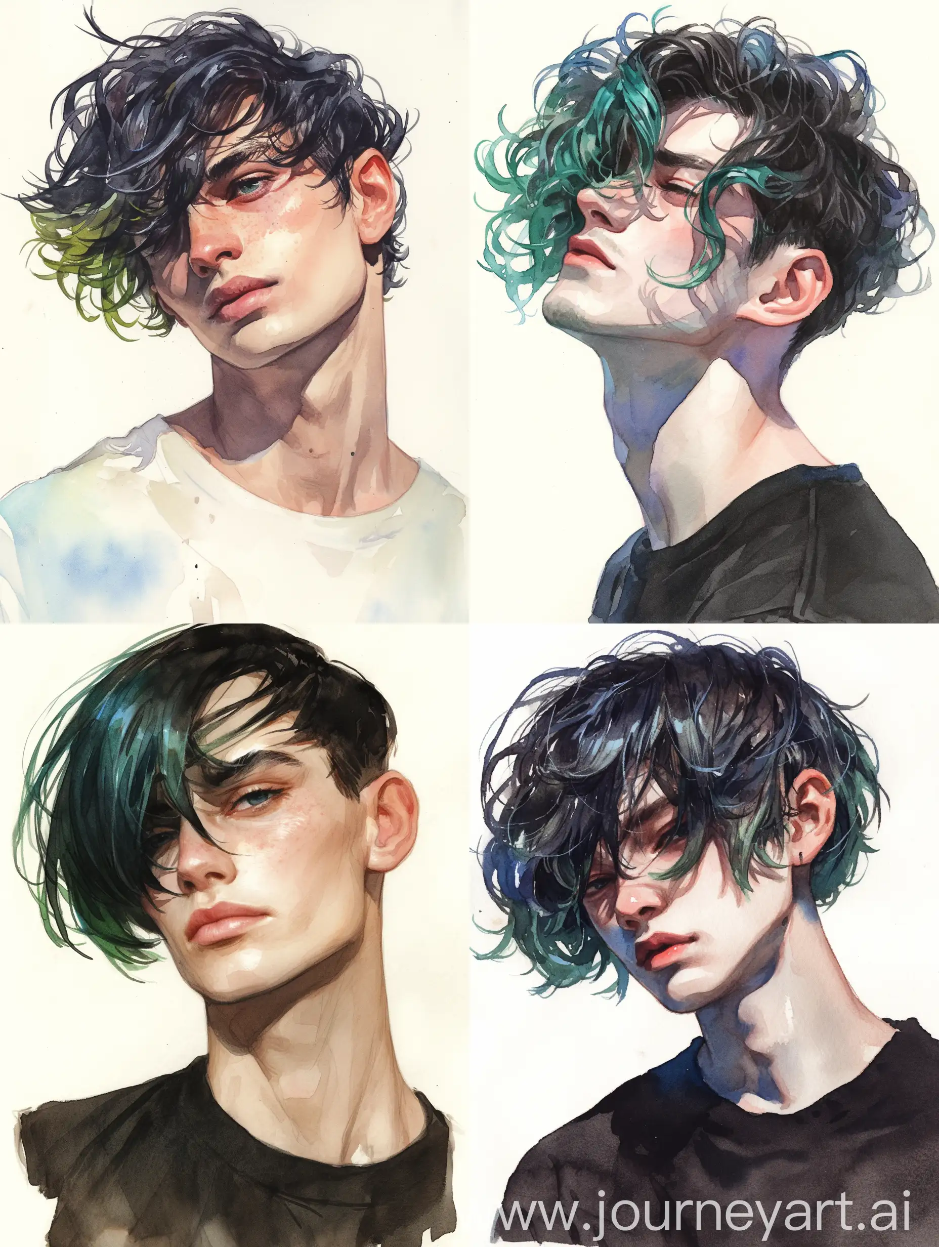 A portrait male with black and green hair, watercolor --niji 6