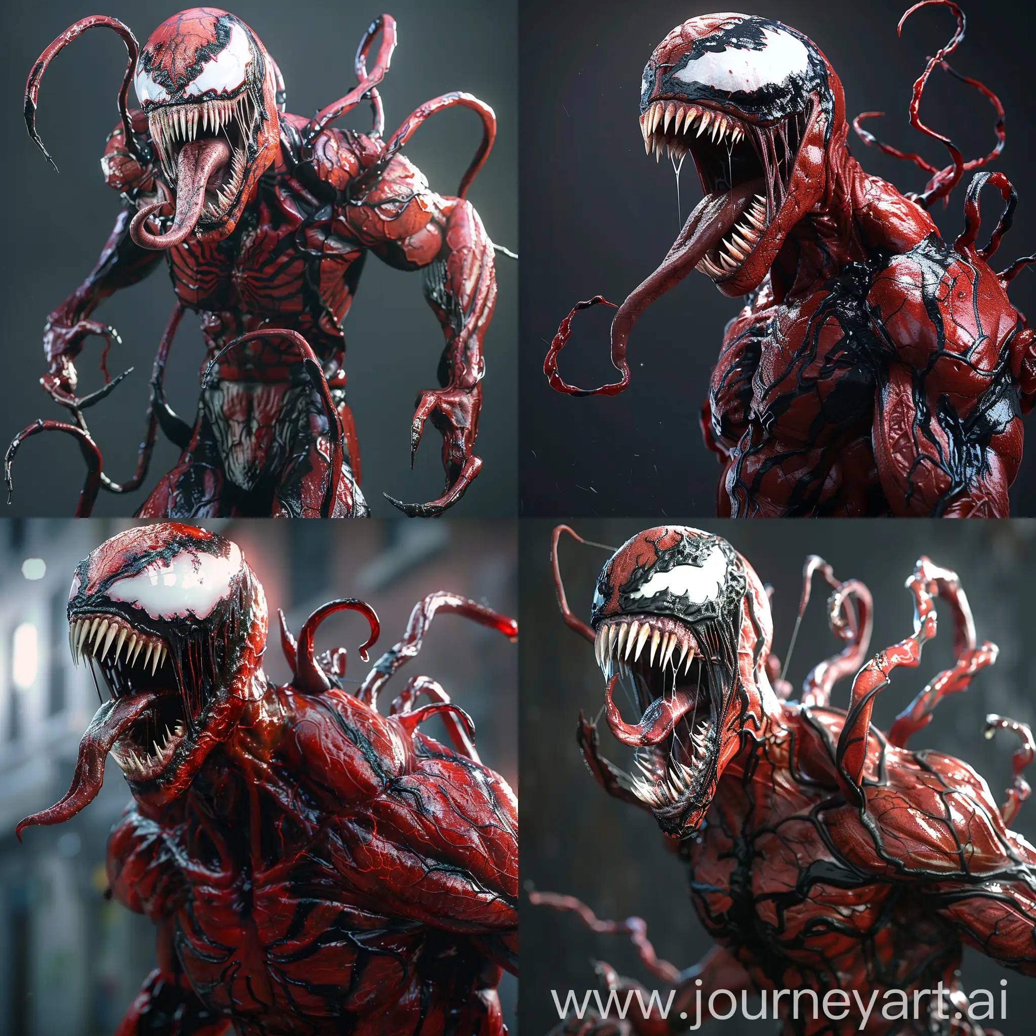 Full growth, Carnage from Marvel, open mouth, sharp fangs, Carnage symbiote, full body pose, realism, ultra detail, cinematic, 8k, hd
