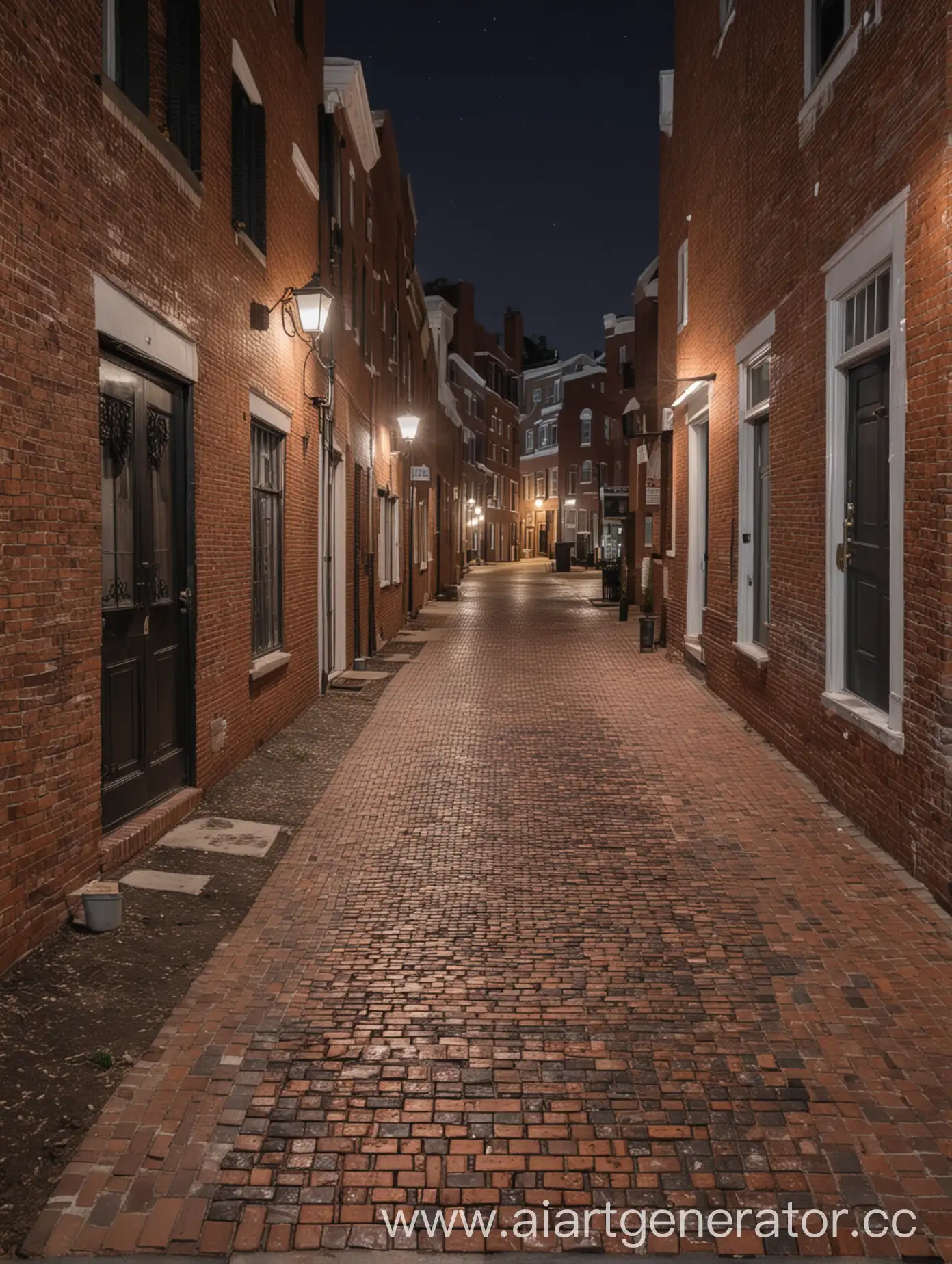 buildings on both sides, night the lights are on, smooth brick walkway