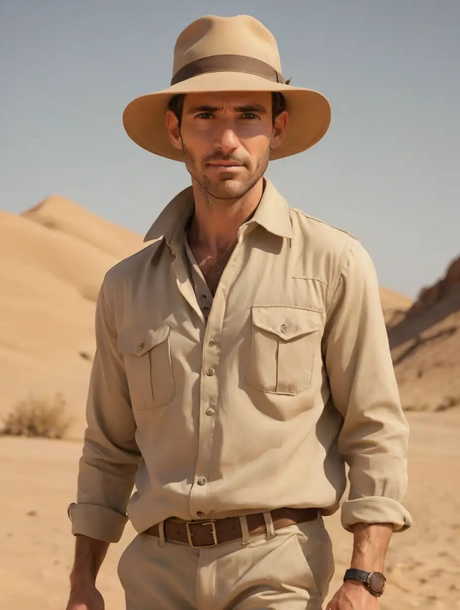 Man in desert with safari hat and clothes

