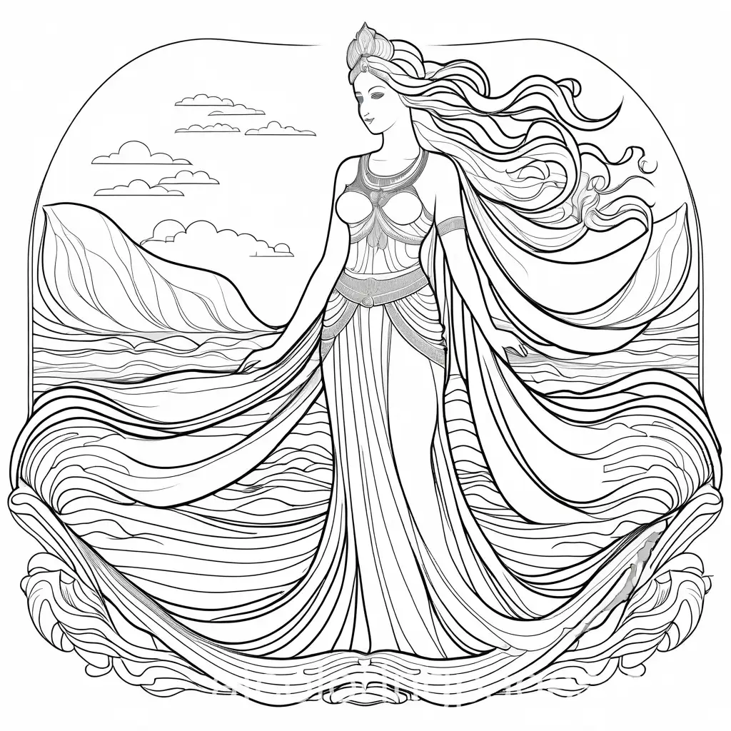 goddess of water, Coloring Page, black and white, line art, white background, Simplicity, Ample White Space. The background of the coloring page is plain white to make it easy for young children to color within the lines. The outlines of all the subjects are easy to distinguish, making it simple for kids to color without too much difficulty