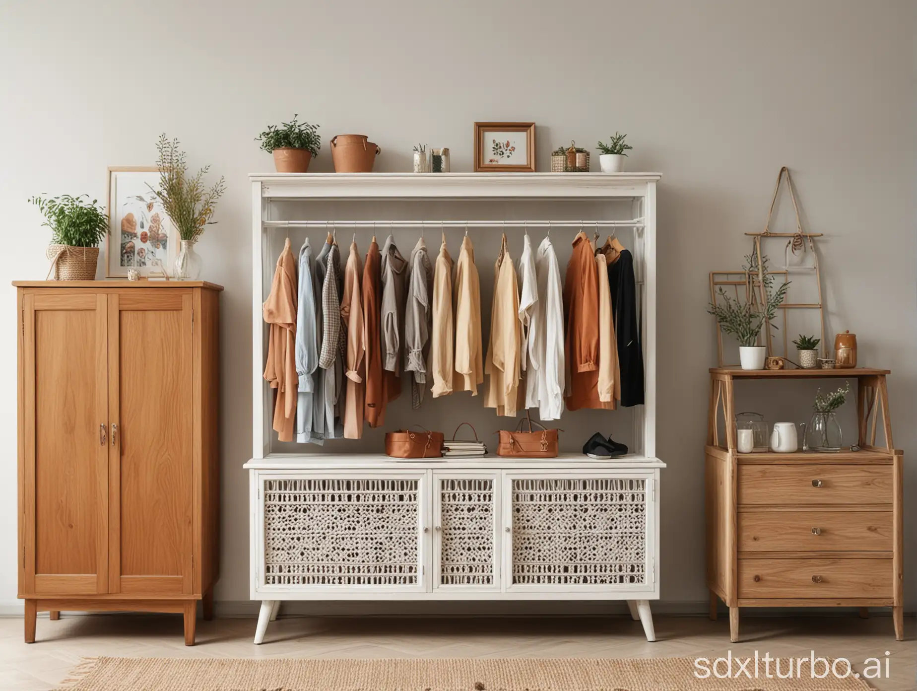 A row of things for a second-hand store. Used clothing, used decoration, and a used cabinet. Clear wall. Cheerful and cozy atmosphere.