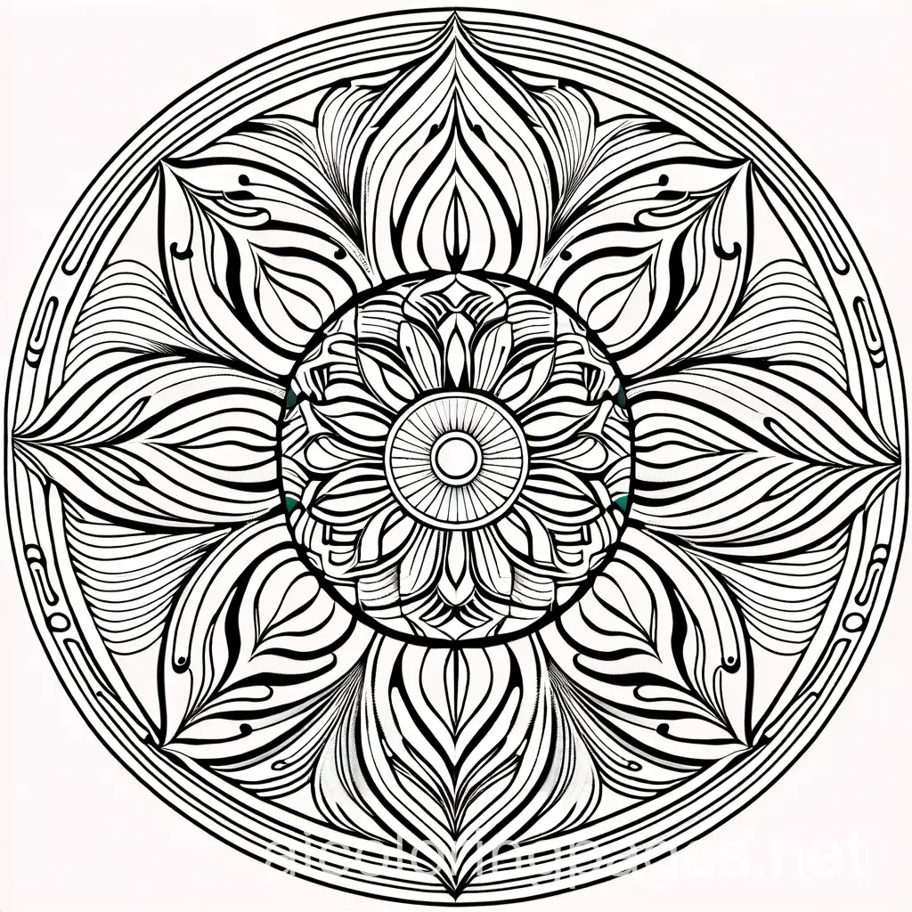 Imagine yourself floating on the serene waters of a lotus pond as you color this mandala, using soft pastel hues to create a sense of tranquility., Coloring Page, black and white, line art, white background, Simplicity, Ample White Space. The background of the coloring page is plain white to make it easy for young children to color within the lines. The outlines of all the subjects are easy to distinguish, making it simple for kids to color without too much difficulty