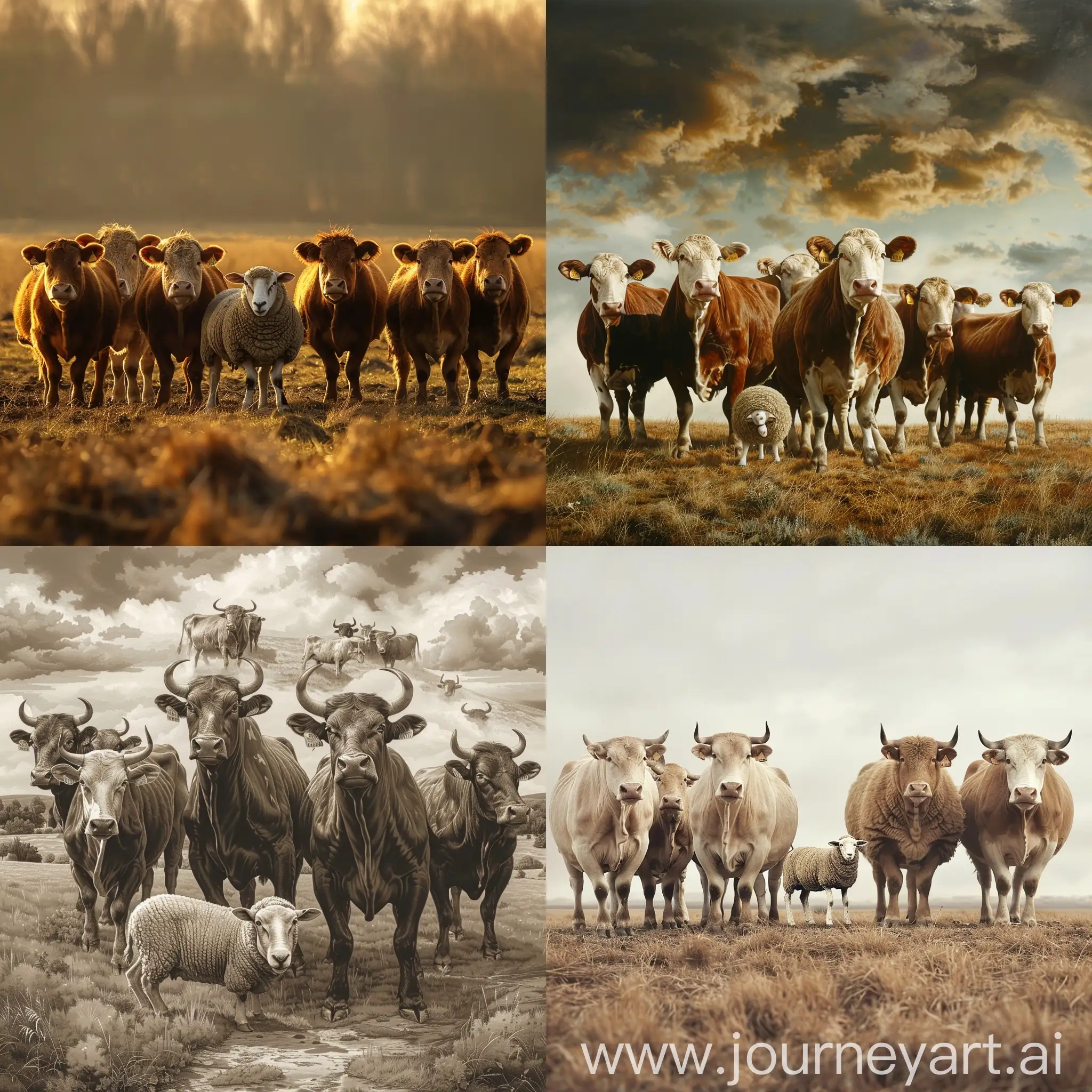 создай максимально реалистичную картинку где в поле стоит стадо из 7 Быков и 1 овца во главе