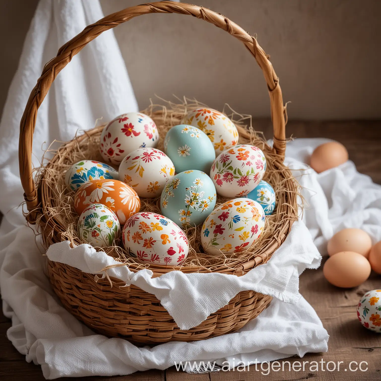 Vibrant-Easter-Celebration-Colorful-Kuliches-Painted-Eggs-and-Woven-Basket-Display