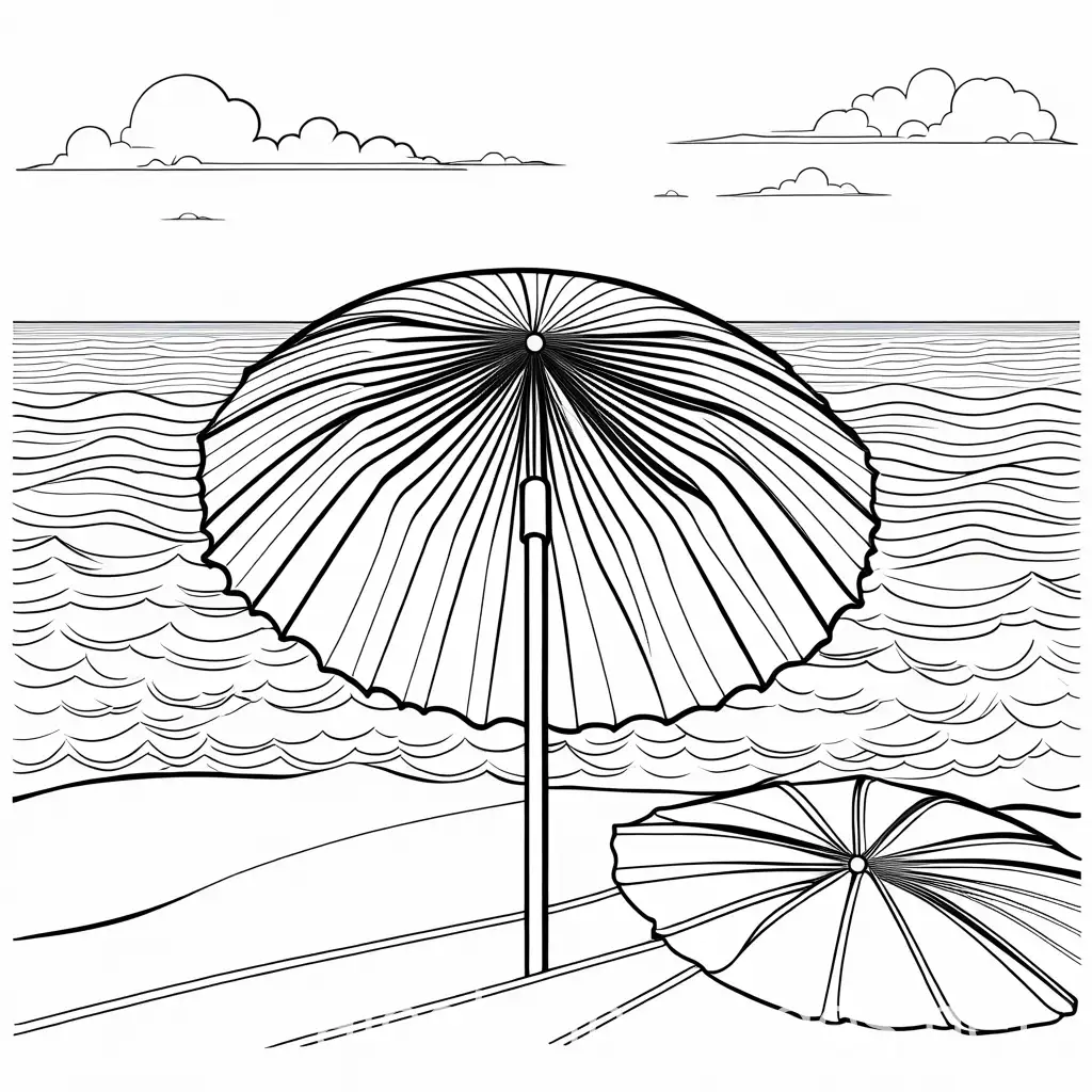 beach umbrella, black and white, bold and easy, white and clear background, Coloring Page, black and white, line art, white background, Simplicity, Ample White Space. The background of the coloring page is plain white to make it easy for young children to color within the lines. The outlines of all the subjects are easy to distinguish, making it simple for kids to color without too much difficulty