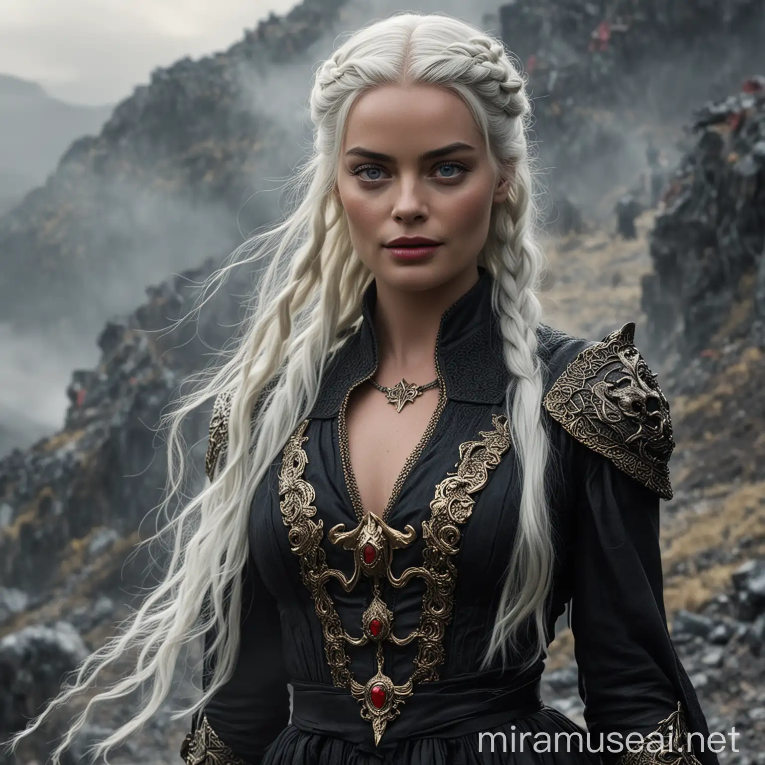 Margot Robbie en tant que princesse de la Maison Targaryen de la Vieille Valyria aux yeux clairs avec de longs cheveux blancs-argentés coiffé avec des tresses, portant une longue robe noire avec des effets d'écailles de dragons et des détails rouges et dorés, marchant sur une pente brumeuse d'une montagne