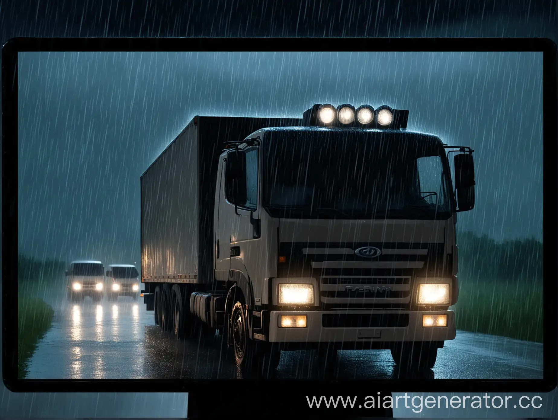 Night-Rainy-Truck-with-Bright-Headlights