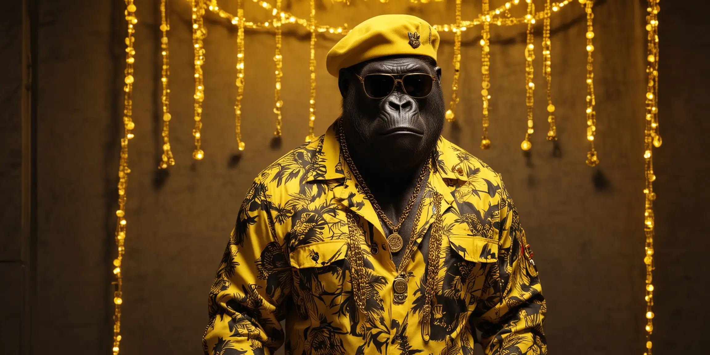 Gorilla in Stylish Yellow Hawaiian Military Attire with Gold Chains and Neon Backdrop
