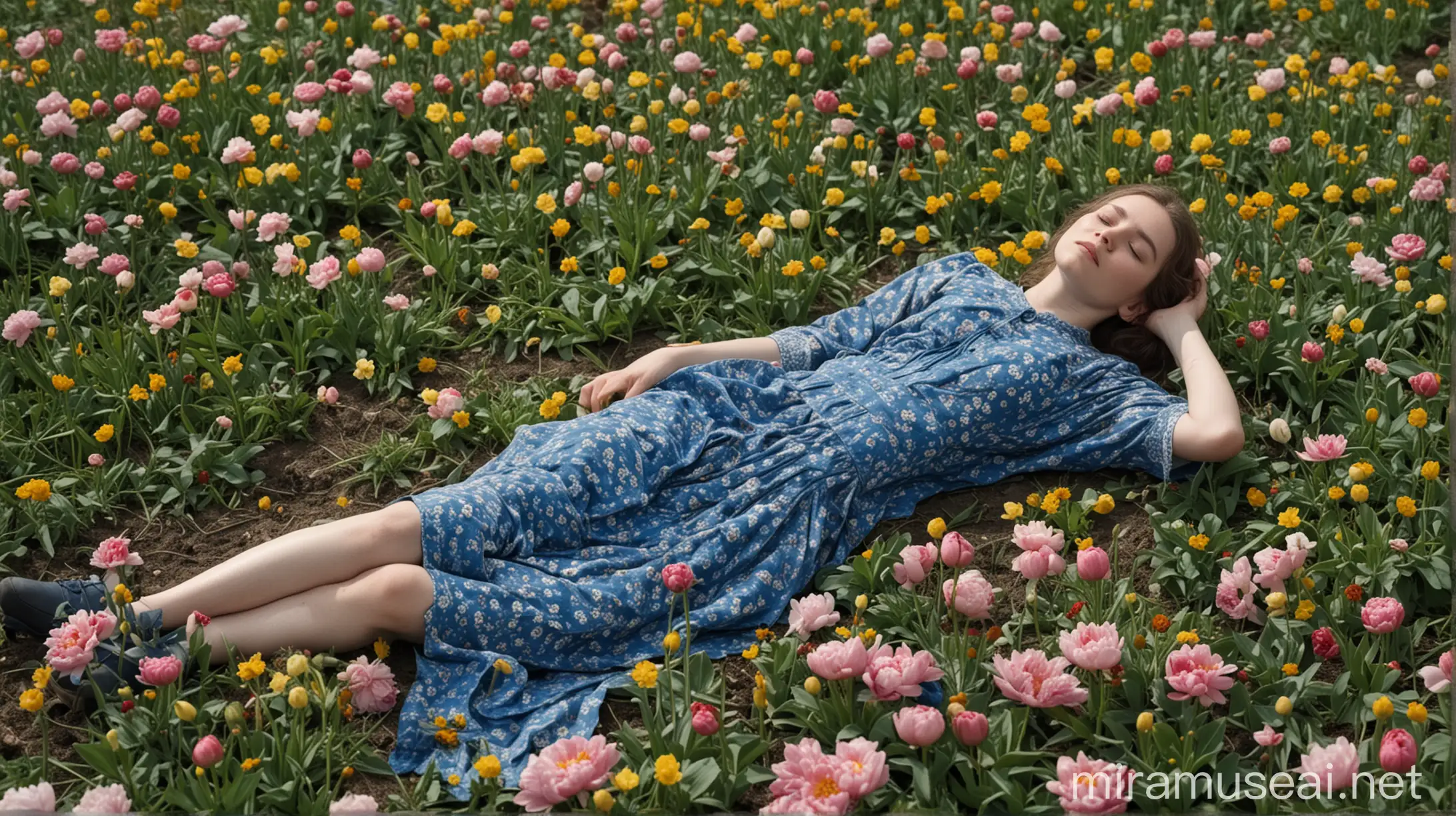Lena, a worker, lies in an openwork blue dress in a field of peonies, daffodils, buttercups and burdocks and is sad