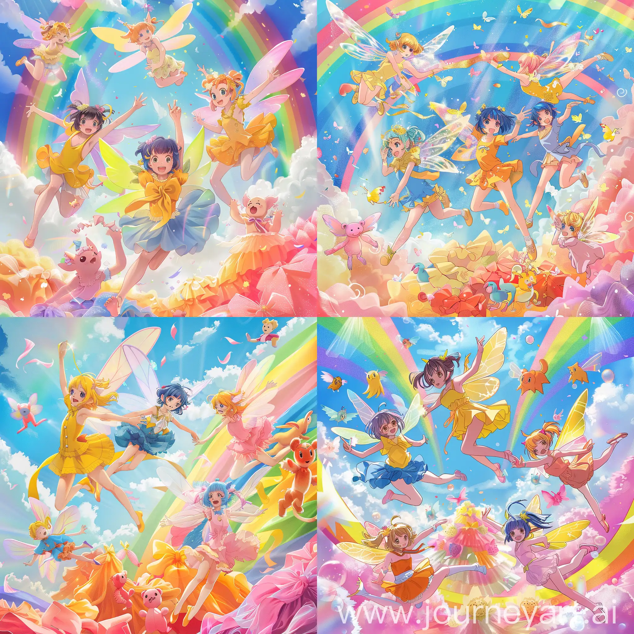 Anime-Fairies-in-Vibrant-Yellow-Blue-Orange-and-Pink-Clothing-Soaring-Amidst-Rainbow-Splendor