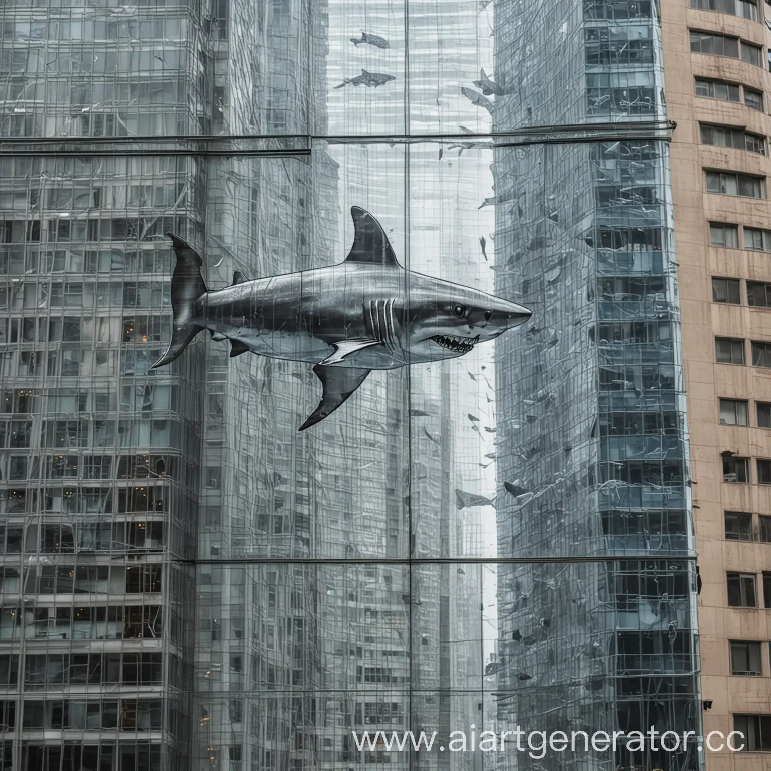 Urban-Skyline-Shark-Art-Glass-Window-Illustration-in-a-Skyscraper-Setting