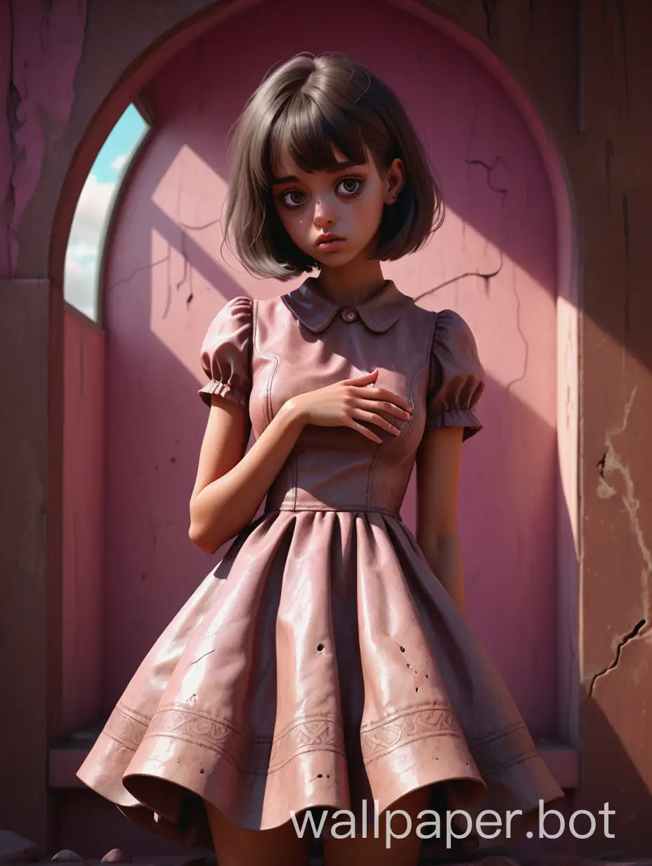 (bottom full-length view), kawaii aesthetics, dreamy, pensive, unearthly beautiful sadness, tanned skin,  haircut bob, large detailed eyes, perfect hands, in a bell dress, natural pose, correct anatomy, pink background on a grunge brown cracked background , triple exposure, style by Dorothy Lathrop, E.H. Shepard, Anne Stokes style, perfect composition, dynamic light and shadow, bold high quality, intricate details, octane rendering, clarity, realism, 32k, cinematic, ultra-high detail, high quality, Artstation, perfect centered composition