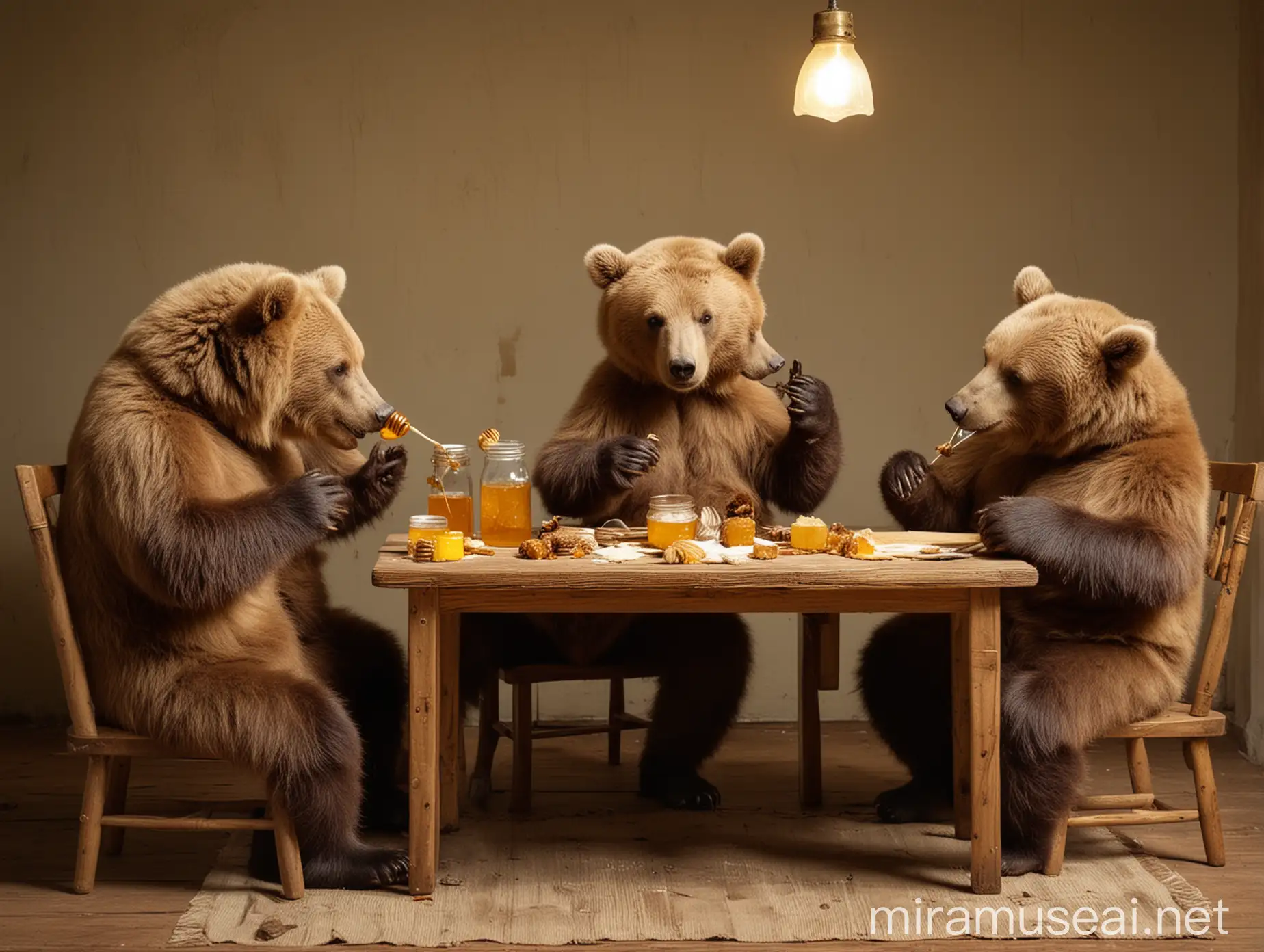 Four bears are sitting at a table , eating honey
