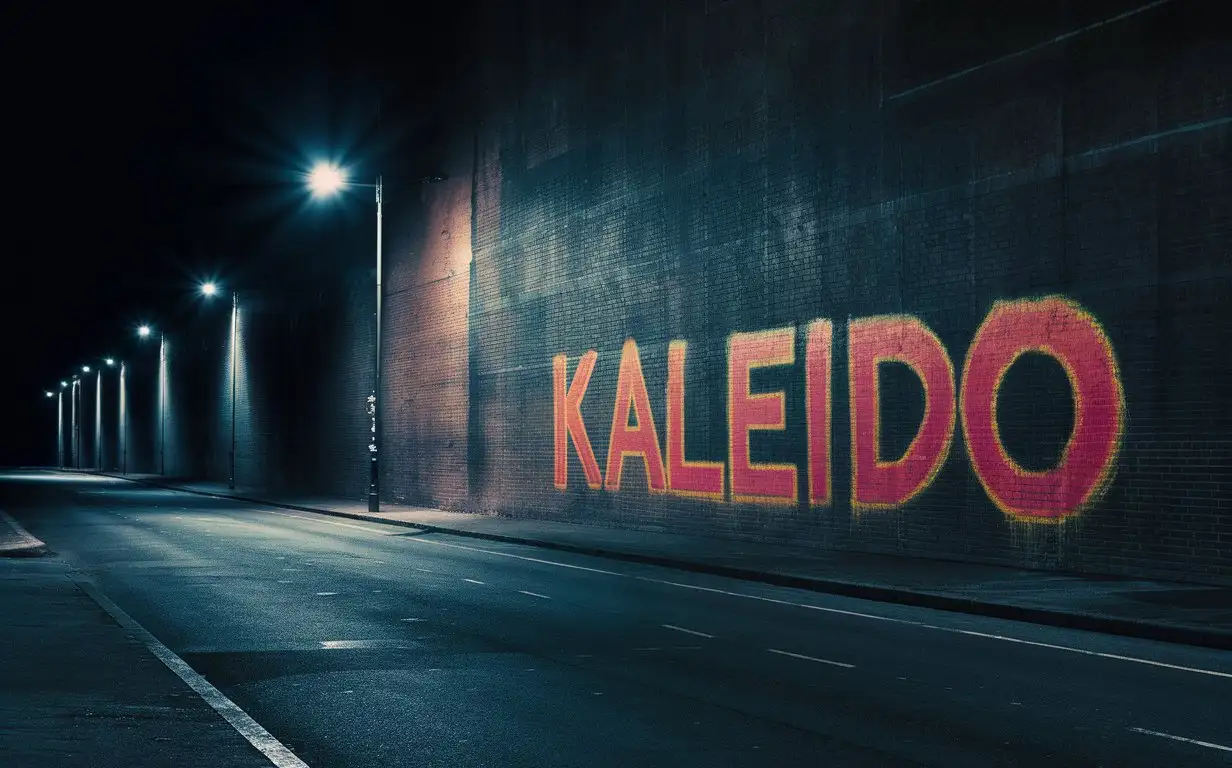 Night Urban Scene with KALEIDO Graffiti on Brick Wall