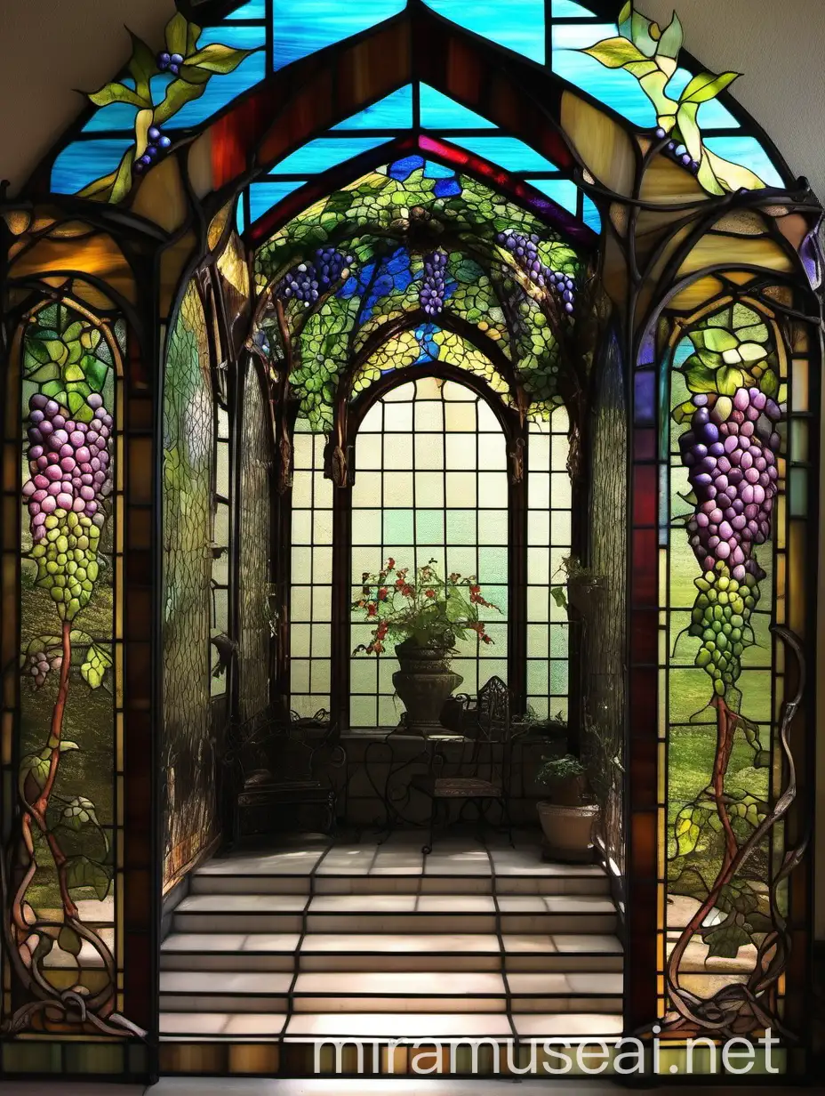 Stained Glass Living Room with Pergola and Blooming Foxglove