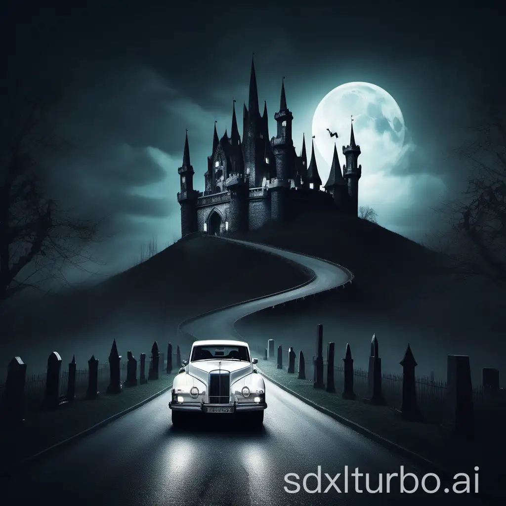 gothic castle on a hill, around it cemetery headstones and winding road in the center, along which drives an expensive vintage car white color towards the castle, on the street stands deep night