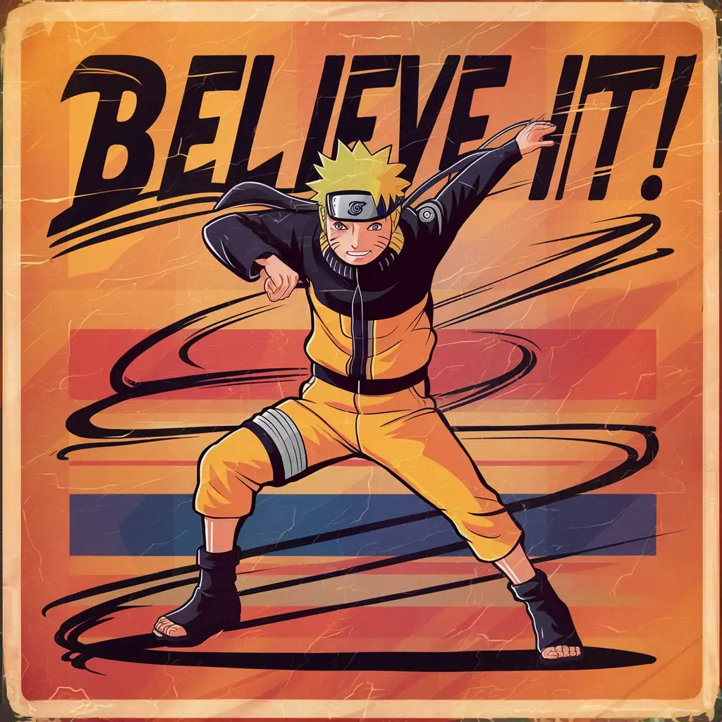 Naruto vintage flat illustration t-shirt design with text saying 'Believe It!' in the style of Retro Pop Art.