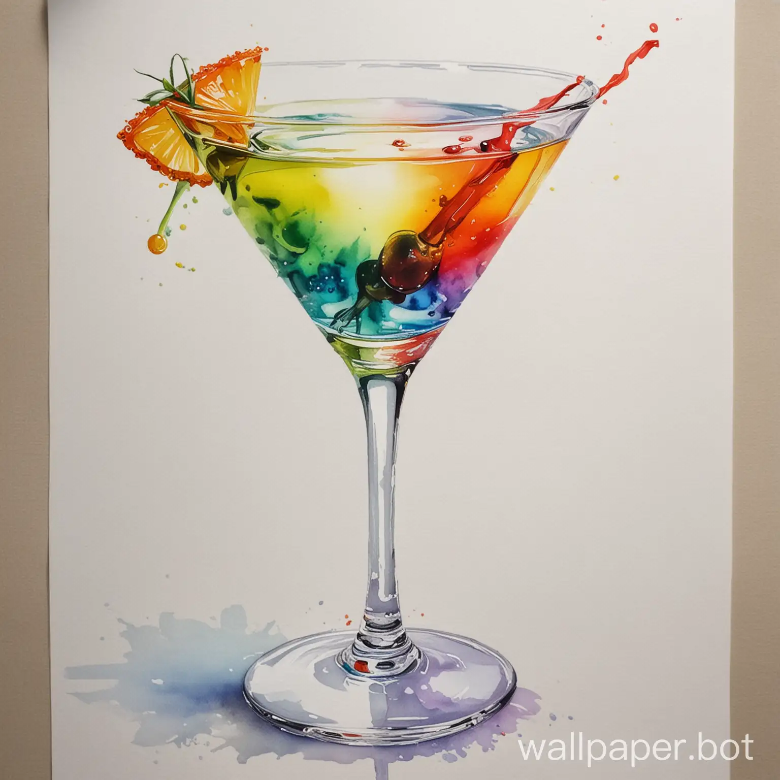 Watercolor lifelike brightly coloured martini cocktail
