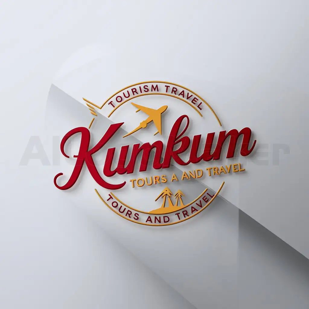 LOGO-Design-for-KumKum-Tours-and-Travel-Dynamic-Red-and-Yellow-with-Airplane-and-Trekking-Theme