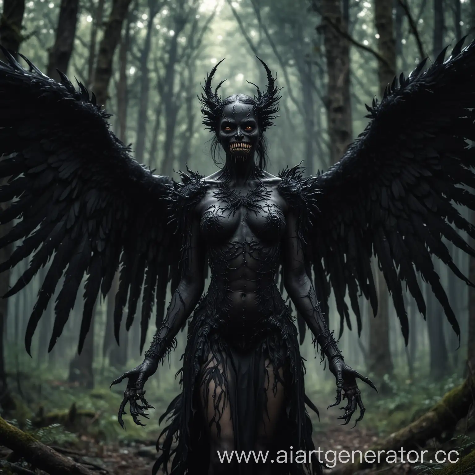 Sinister-Black-Angel-Monster-with-Multiple-Eyes-and-Four-Wings-in-Dark-Forest