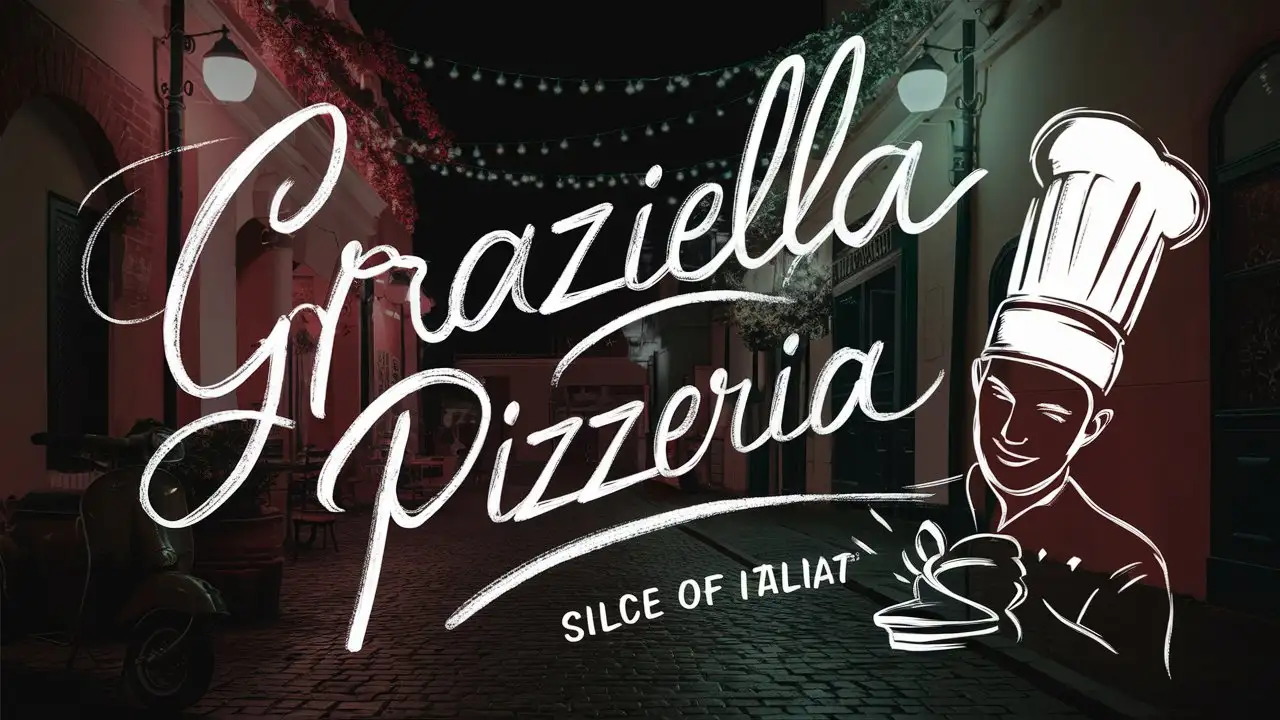 Handwriting Graziella Pizzeria logo, Restaurant logo, Italian colors, , Italian decoration, Chef hat sketch, Slogan, Slice of Italy