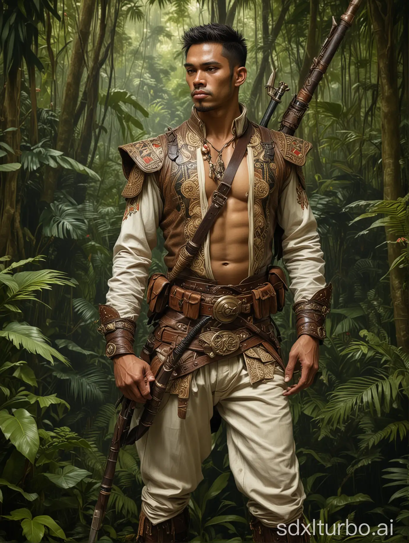 A full-body shot of a bulky exotic Maduranese descent guy, with a traditional sensual hunter costume. With a background of a lush Sumatran rainforest in the style of painting by Leyendecker