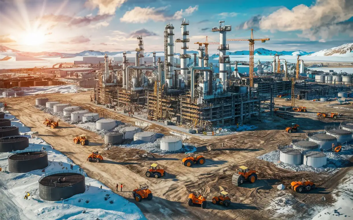 A REAL, MEGA ONGOING Oil Refineries Construction In The Arctic, showcasing oil tanks and with thousands of machinery and tractors, and cranes for construction work, make the image look so real on a sunny day