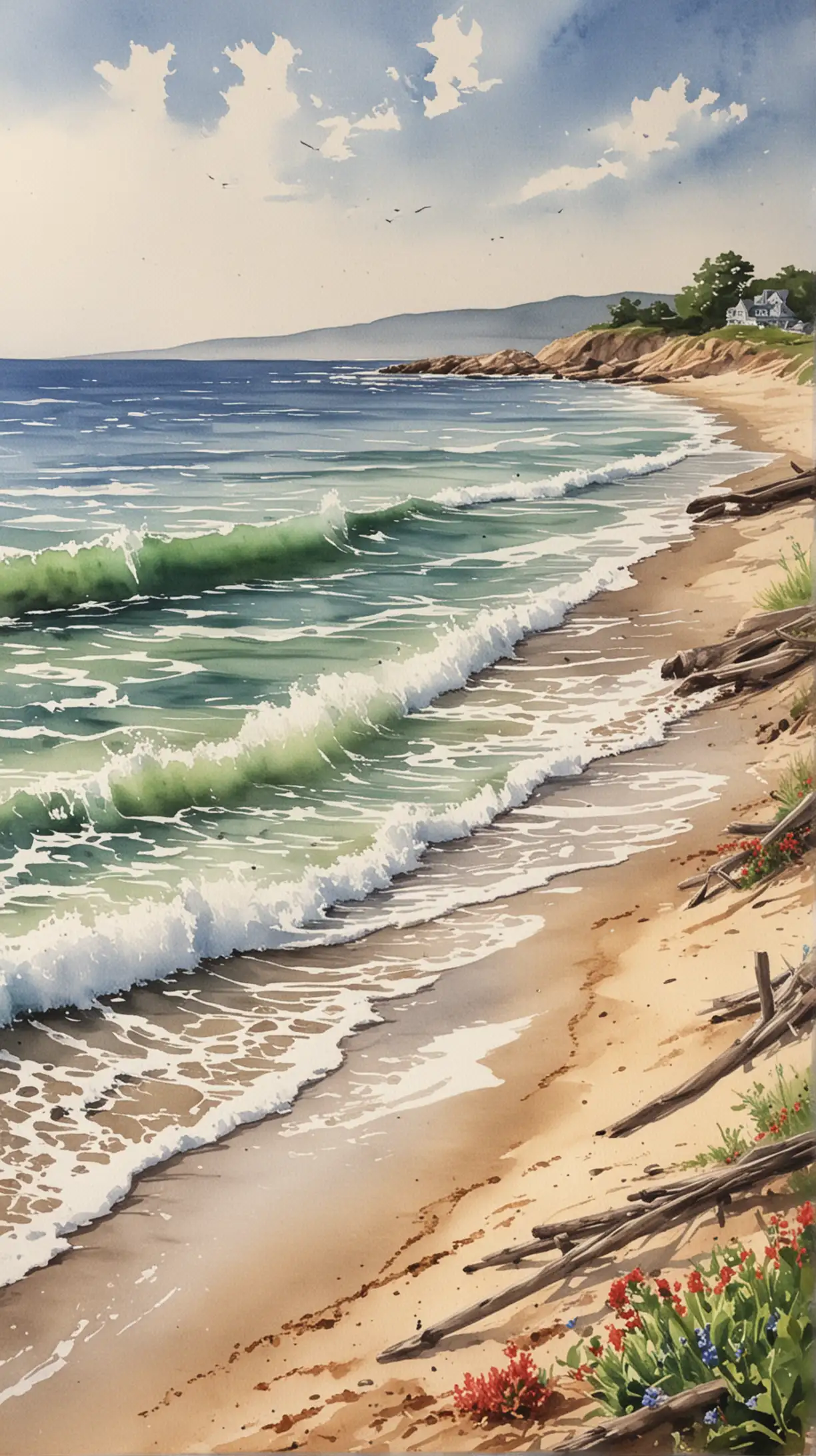 create a watercolor painting of a beach scene with marthas vineyard
 shoreline elements

