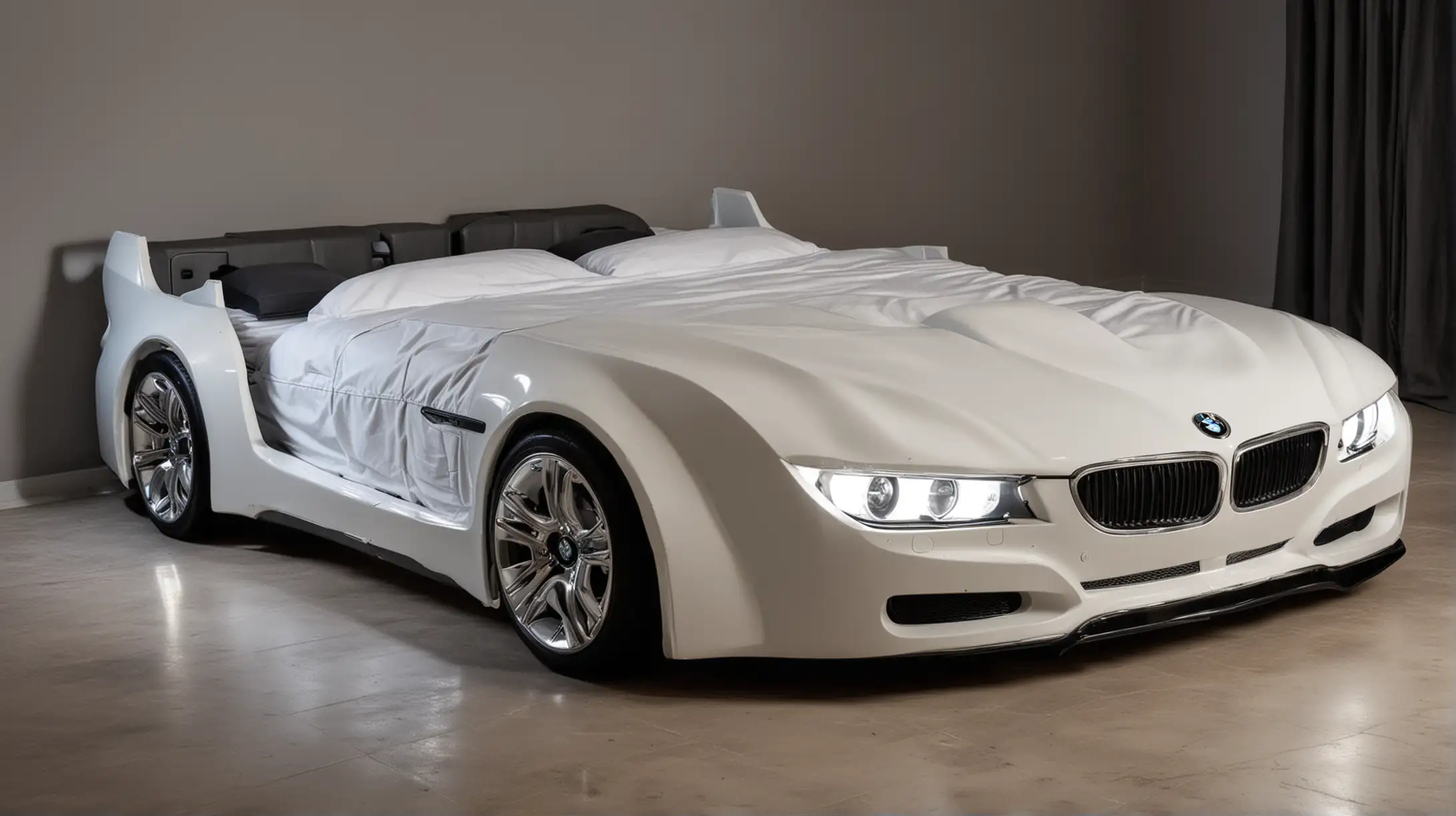 Luxury Double Bed Shaped like BMW Car with Illuminated Headlights