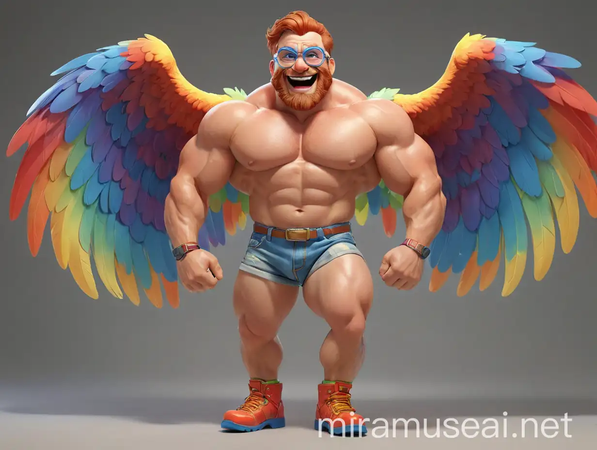 Muscular Redhead Bodybuilder Flexing with Rainbow Eagle Wings Jacket