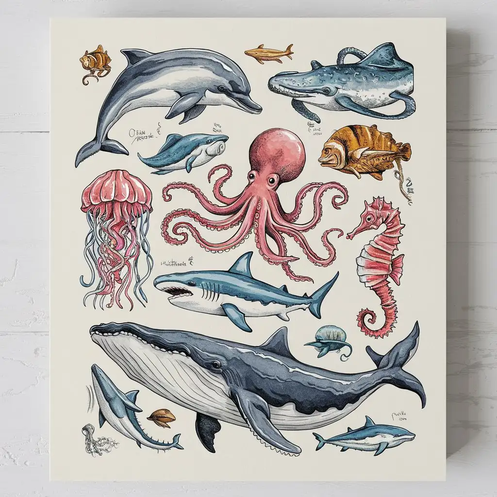 Handdrawn Collage Sketch of Various Sea Animals on Vintage Style Background