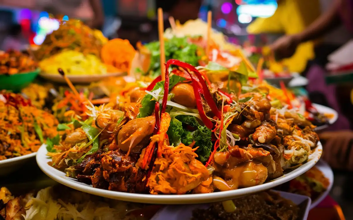 A plate of colorful Thailand street food at a bustling market stall, photographed in a documentary style, with vivid on-site lighting, a frontal shot, and a dynamic composition, capturing the vibrancy of the snacks and the liveliness of the market.