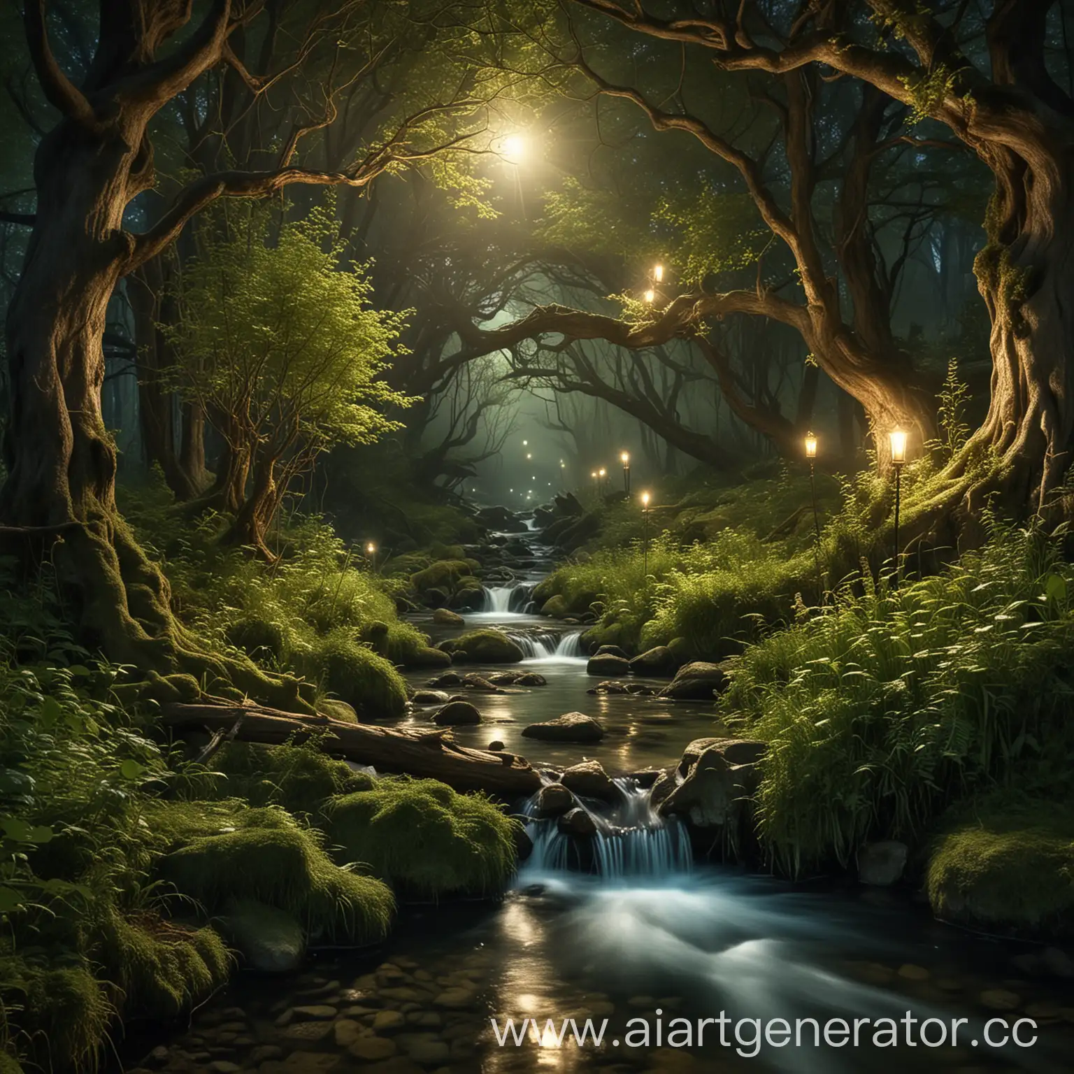 Enchanted-Fairy-Tale-Forest-with-Flowing-Stream-at-Night