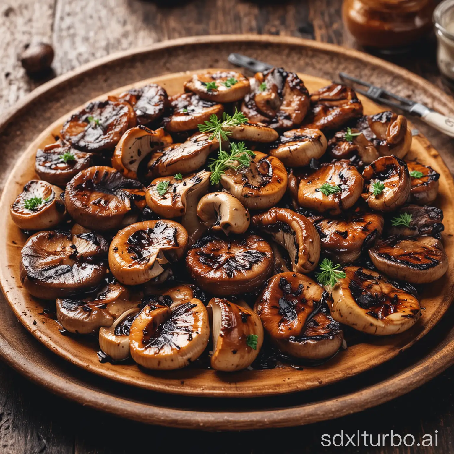 A plate of grilled mushroom,BBQ,mouthwatering and enticing presentation, Very real colors and comfortable light.Looks like it's in a fancy restaurant