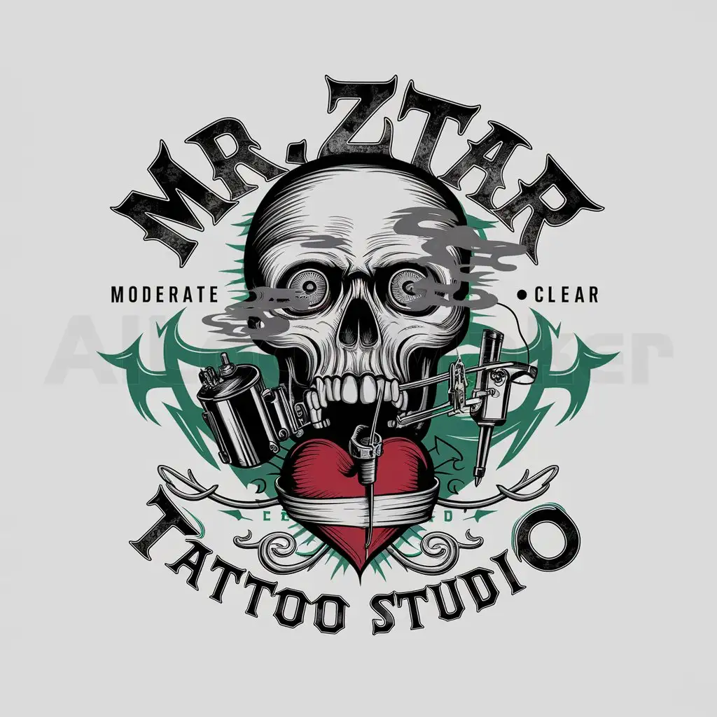 a logo design,with the text "MR.ZTAR TATTOO STUDIO", main symbol:a logo design,with the text: MR. ZTAR Tattoo STUDIO, main symbol: old school black and white skull, Circle, smoke, Tattoo Machine, heart, Moderate, clear background, metal fonts, dark fonts, green fonts,complex,clear background