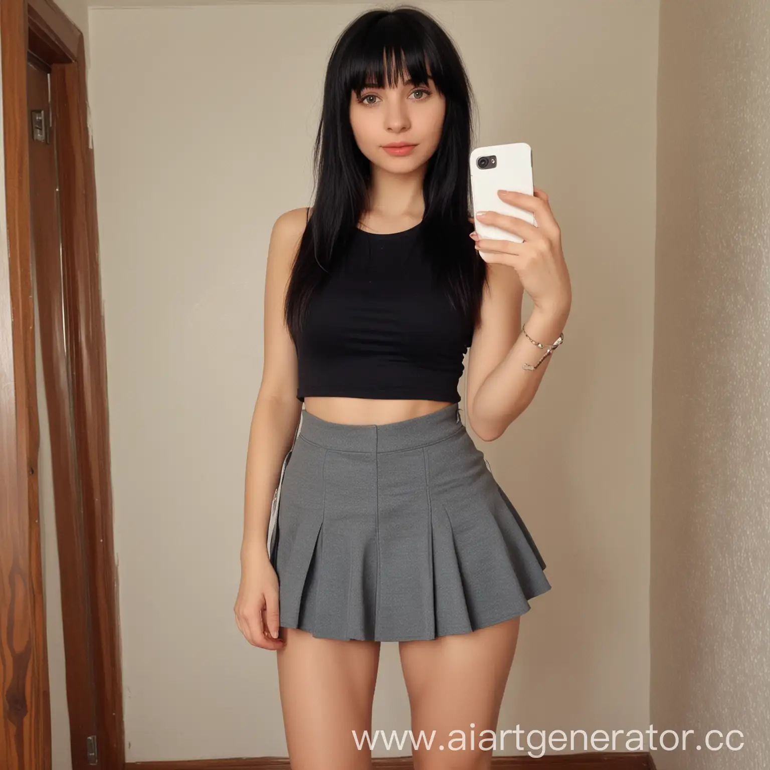 Beautiful-Girl-with-Black-Hair-Takes-Selfie-in-Russian-Mini-Skirt-and-Sneakers