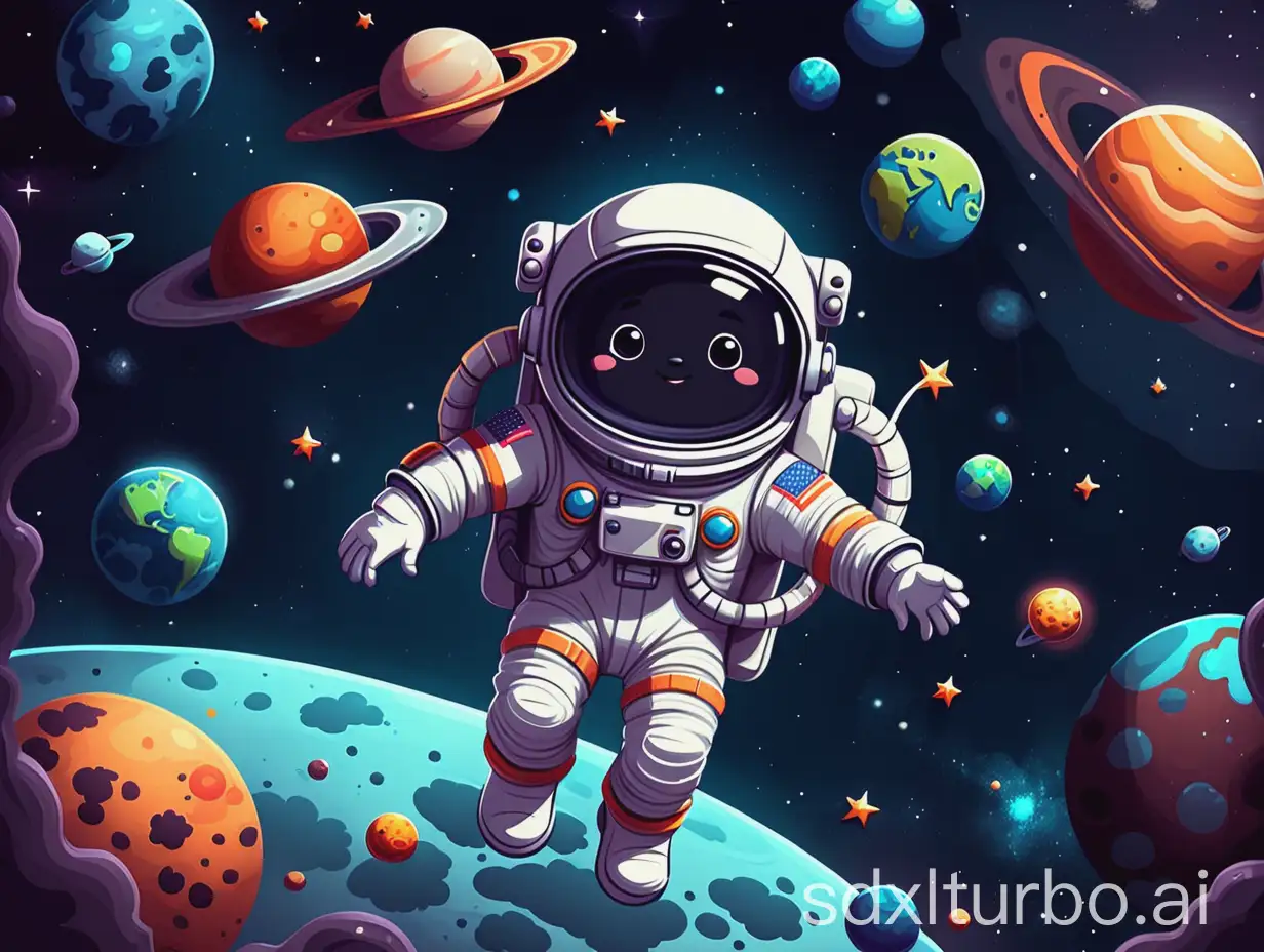 cute astronaut floating in space, cartoon style, cute picture, background is space and planets