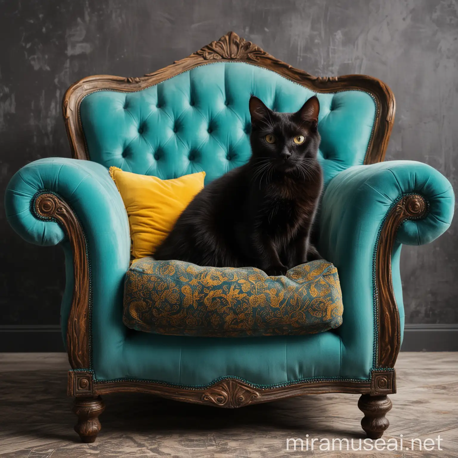 Black Cat Sitting in Luxurious Velvet Armchair in Turquoise and Yellow Colors