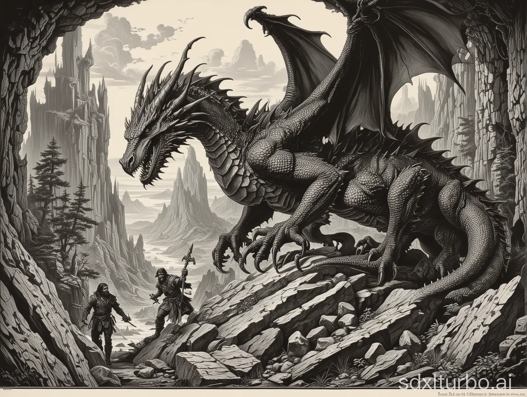 style of 1978 dungeons and dragons, by Larry Elmore, white background, 1bit bw, woodcut, a dragon on its hoard,