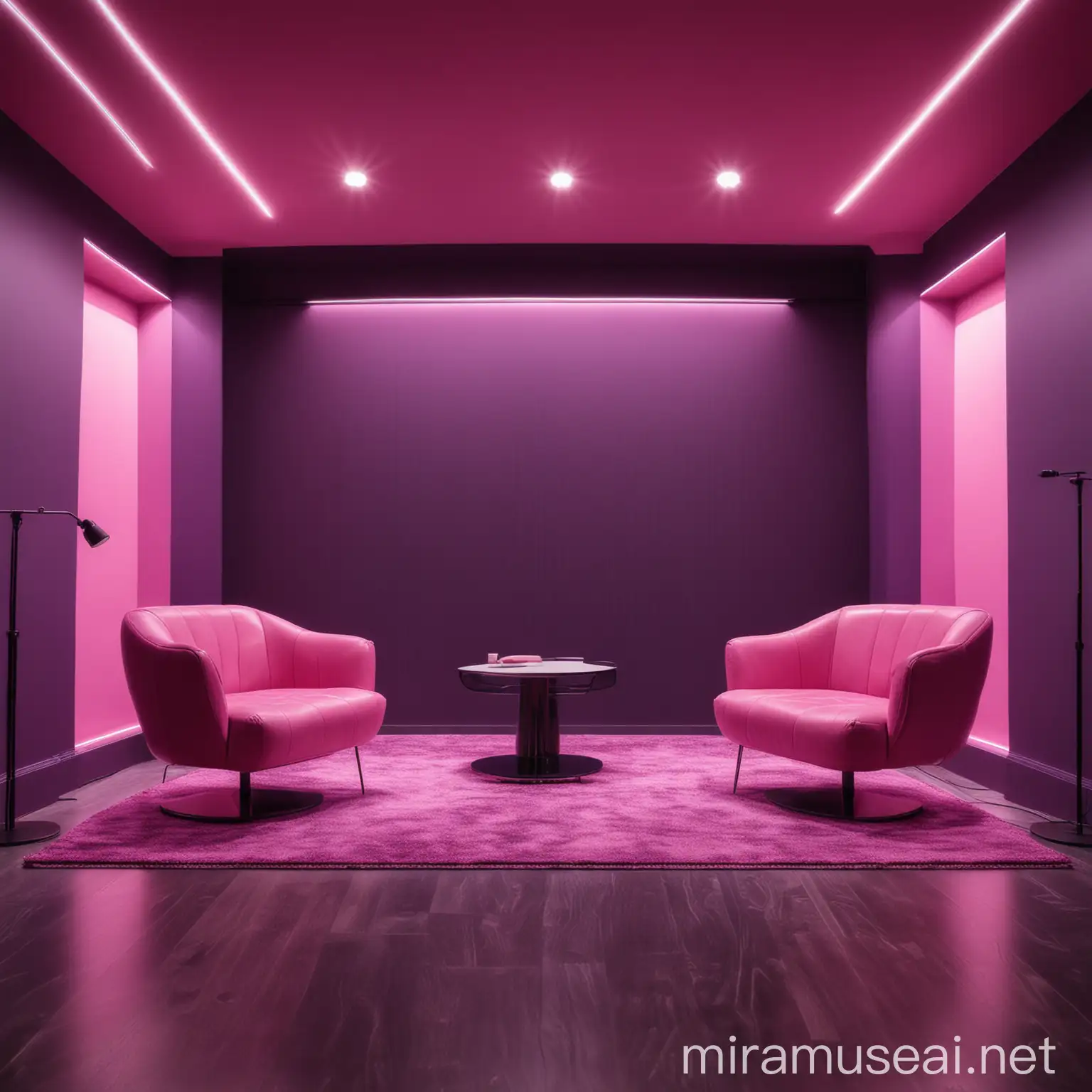 Modern Empty Podcast Studio Room. Sleek Furniture with Vibrant Pink And Purple Glow. Intimate Discussion Setting