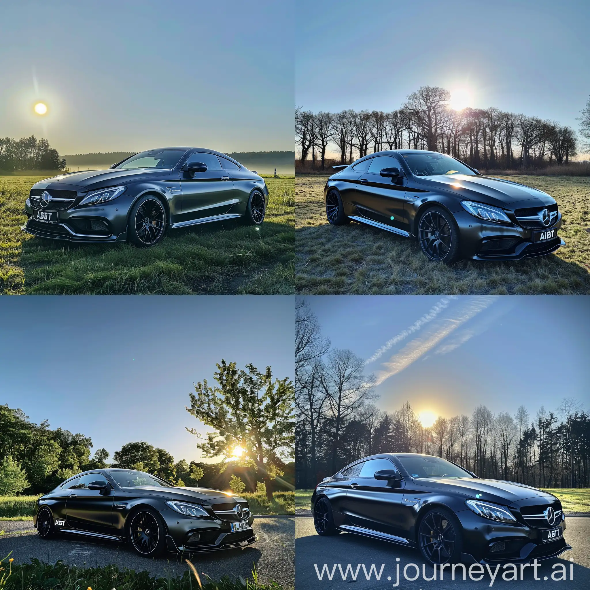 Realistic sun morning blue sky with a Mercedes c63 coupe amg 2016 mat black color full abt kit parked in Berlin morning summer vibes