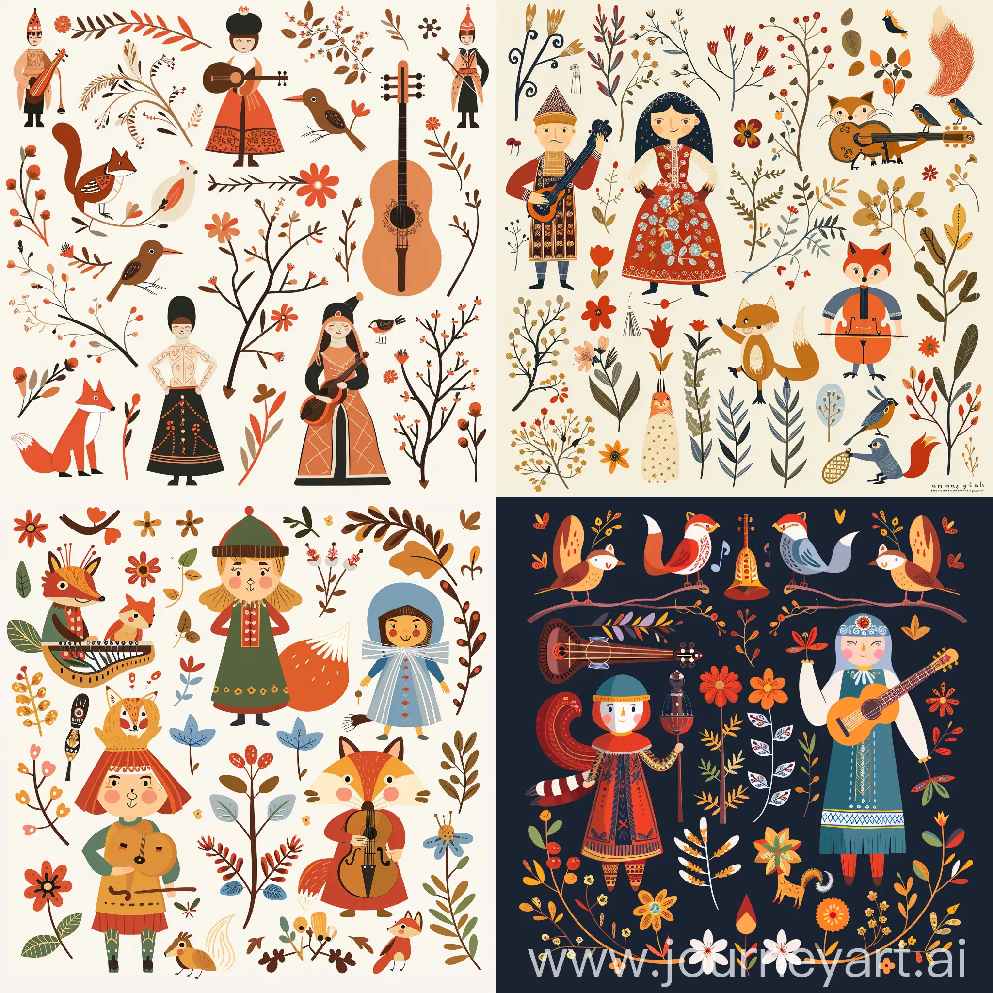 векторные флэт персонажи в славянских костюмах, цветы, веточки, птички, белочки, лисицы, музыкальные инструменты минимализм