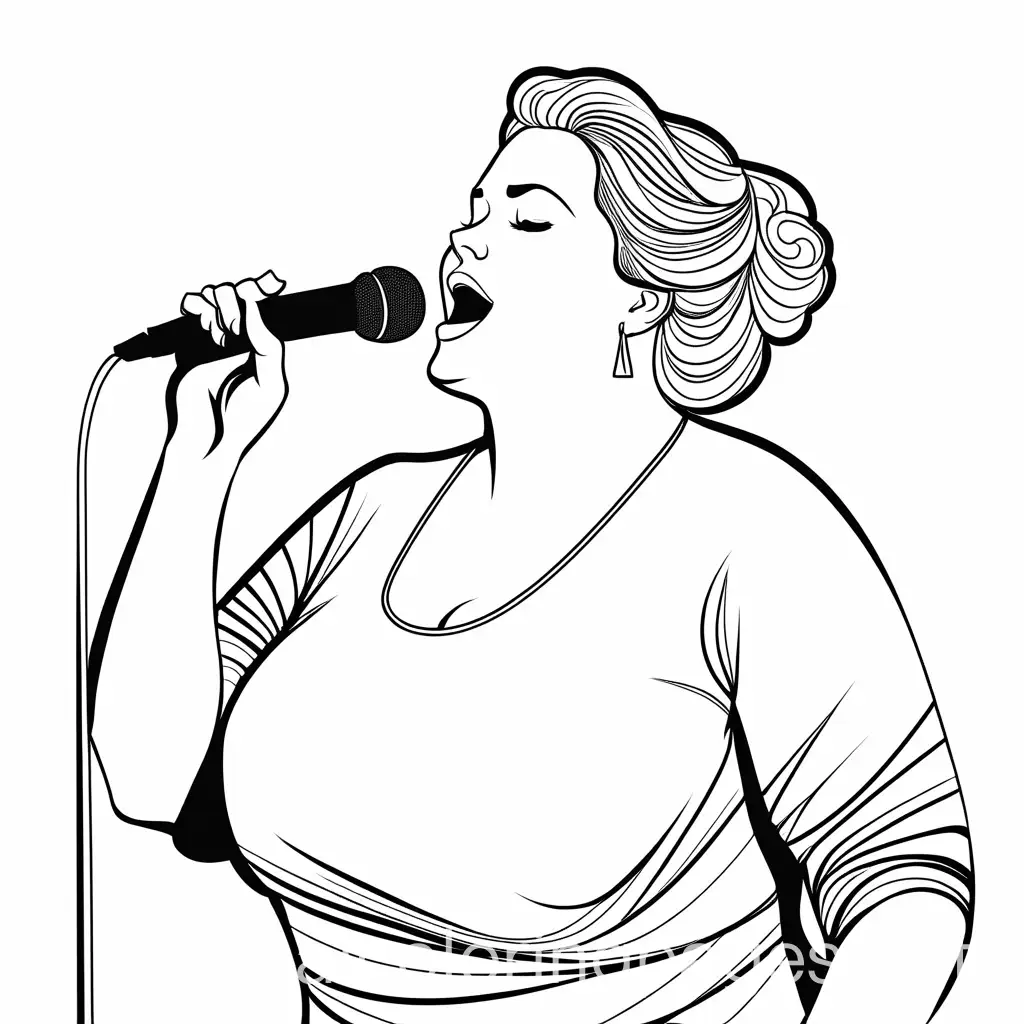 plus size woman singing, Coloring Page, black and white, line art, white background, Simplicity, Ample White Space. The background of the coloring page is plain white to make it easy for young children to color within the lines. The outlines of all the subjects are easy to distinguish, making it simple for kids to color without too much difficulty