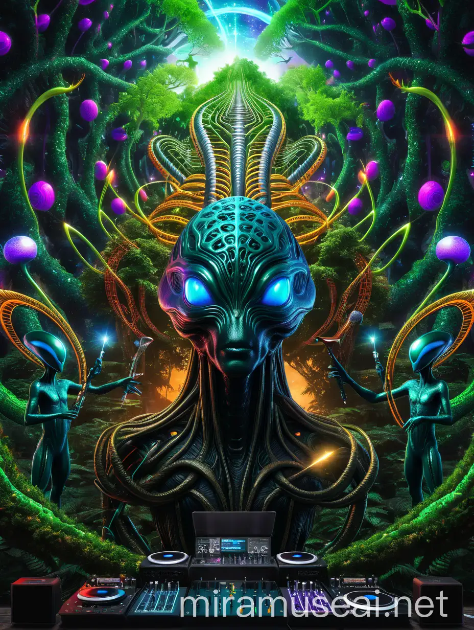Psychedelic alien world hyper 3d tress forest human playing machine engine cpu alien playing music instruments dj spekars frequency music moduler dancing aliens cable attached humans brain higher Dimension hyper strictly no fonts 
