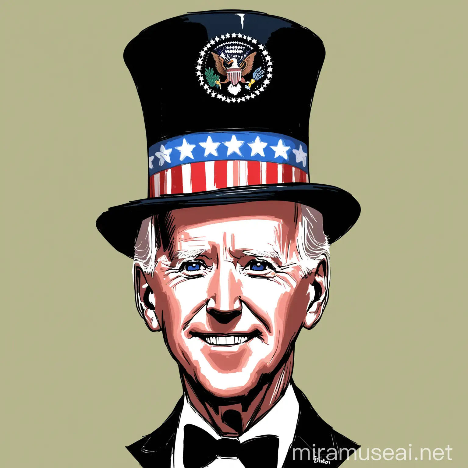 HandDrawn Illustration of Joe Biden Wearing a US Top Hat